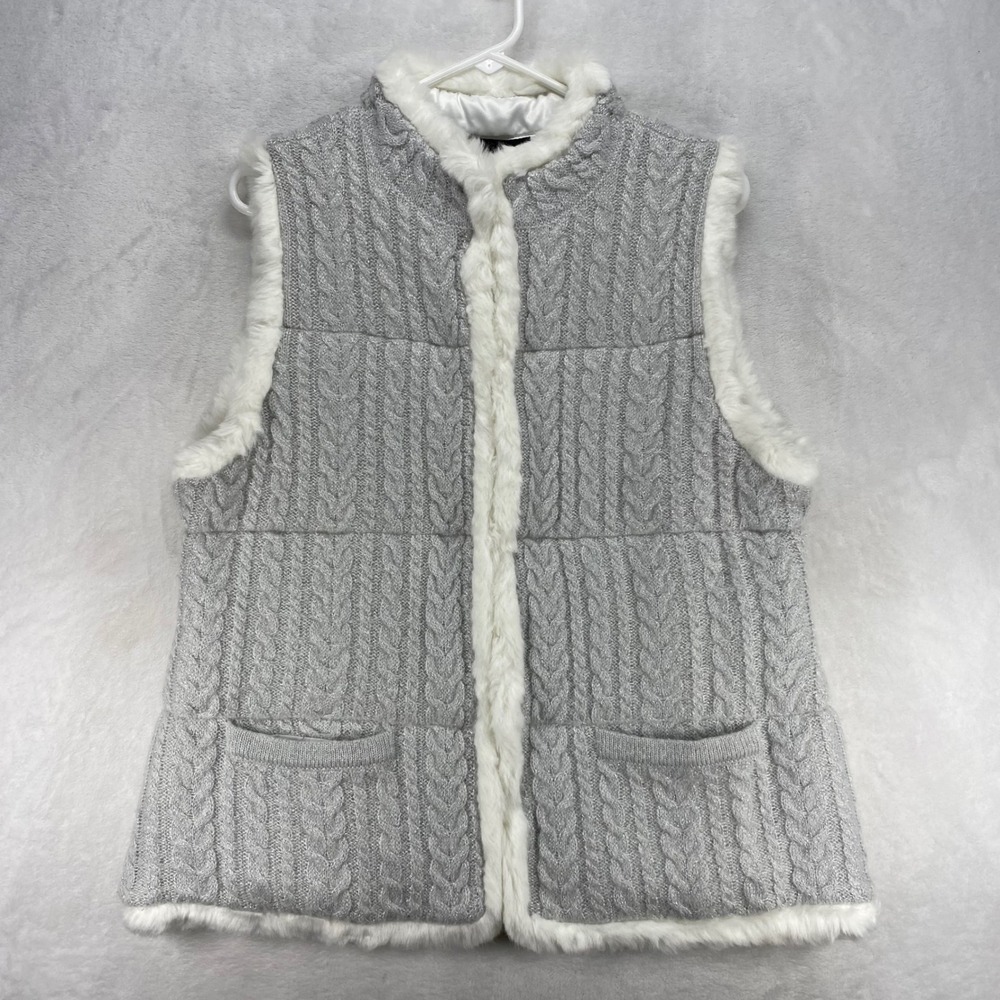Talbots Sweater Vest Faux‎ Fur Trim Cable Knit Pockets Gray Womens Size L